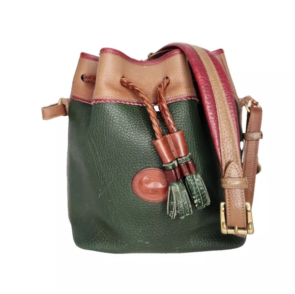Dooney & Bourke Teton Drawstring Bucket Bag Green Beige Leather Drawstring VTG - Picture 1 of 13